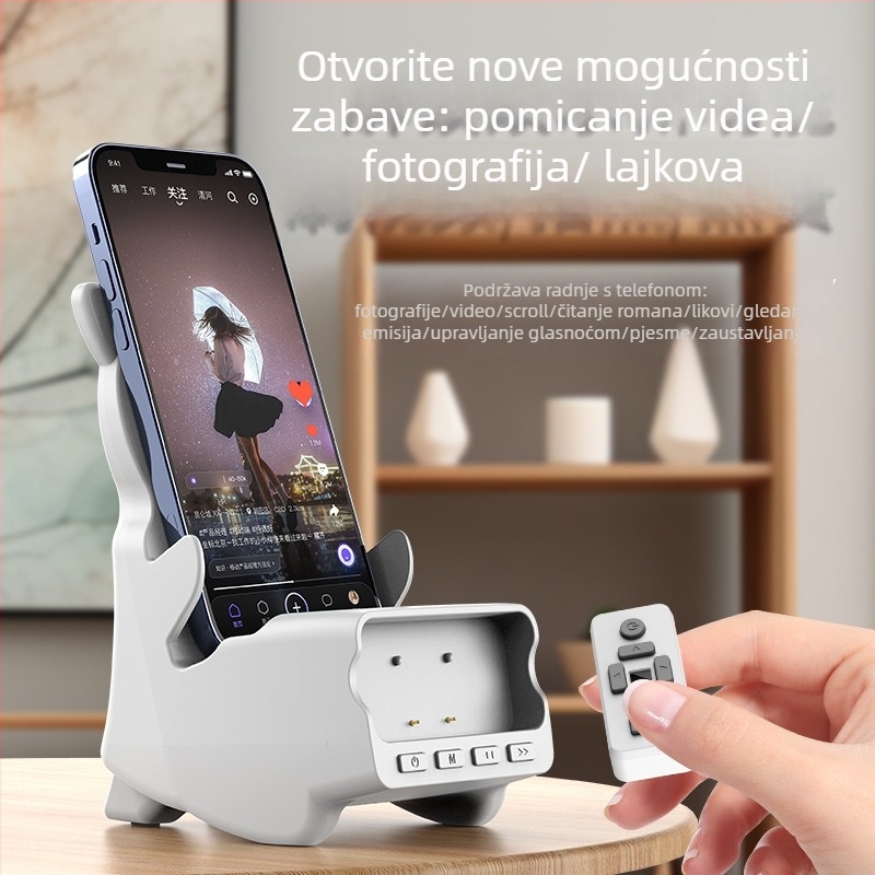 Trostruki držač za telefon i Bluetooth zvučnik s daljinskim upravljačem za prelistavanje stranica i lajkanje; Bluetooth 5.3, izlaz 5W, domet 15 m, ugrađena baterija 1000–1200 mAh, USB punjenje