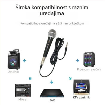 MQ-104 dinamički žični ručni mikrofon za kućnu upotrebu, PC i karaoke — ulaz 5V, frekvencijski raspon 40 Hz–20 kHz, SNR ≥70 dB