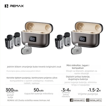 Remax K23 lavalier mikrofon s AI promjenom glasa i redukcijom buke za uživo prijenos i snimanje, frekvencijski raspon 20 Hz–20 kHz, SNR ≥60 dB, Bluetooth 5.3, ugrađena baterija 300–500 mAh