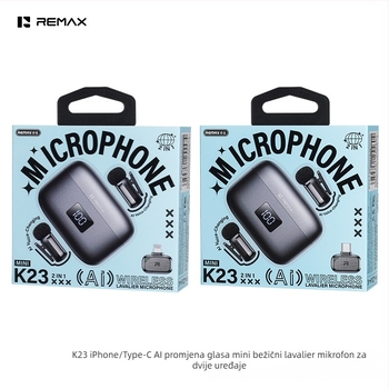 Remax K23 lavalier mikrofon s AI promjenom glasa i redukcijom buke za uživo prijenos i snimanje, frekvencijski raspon 20 Hz–20 kHz, SNR ≥60 dB, Bluetooth 5.3, ugrađena baterija 300–500 mAh