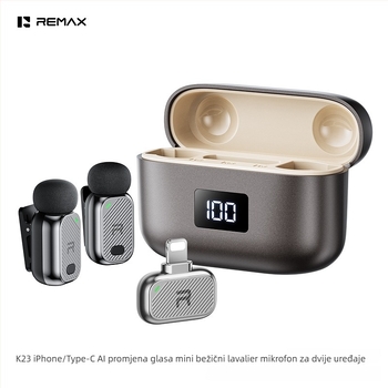 Remax K23 lavalier mikrofon s AI promjenom glasa i redukcijom buke za uživo prijenos i snimanje, frekvencijski raspon 20 Hz–20 kHz, SNR ≥60 dB, Bluetooth 5.3, ugrađena baterija 300–500 mAh