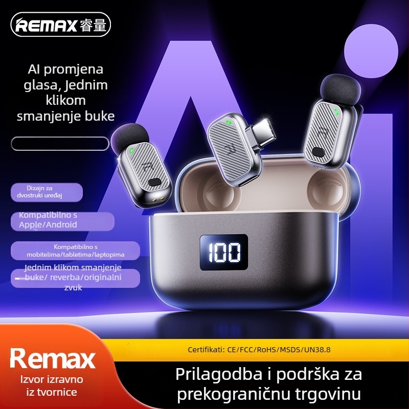 Remax K23 lavalier mikrofon s AI promjenom glasa i redukcijom buke za uživo prijenos i snimanje, frekvencijski raspon 20 Hz–20 kHz, SNR ≥60 dB, Bluetooth 5.3, ugrađena baterija 300–500 mAh