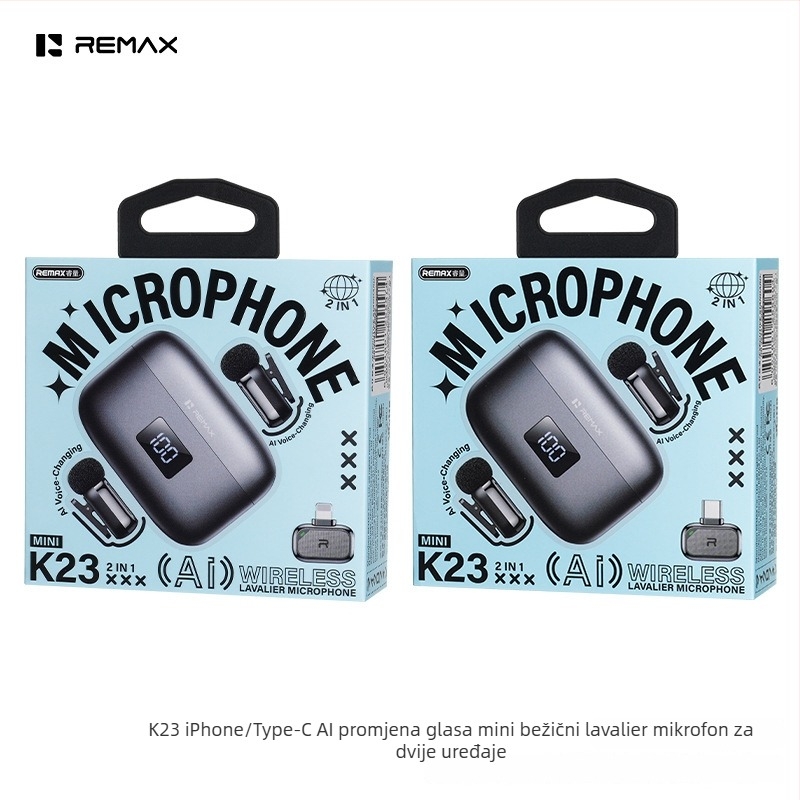 Remax K23 lavalier mikrofon s AI promjenom glasa i redukcijom buke za uživo prijenos i snimanje, frekvencijski raspon 20 Hz–20 kHz, SNR ≥60 dB, Bluetooth 5.3, ugrađena baterija 300–500 mAh