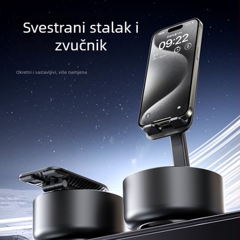Držač za telefon s Bluetooth zvučnikom i ugrađenom baterijom – 3-u-1, rotirajući, sklopivi, podizni, universalni; IPX7, 500–800 mAh, 5V 5W, 30 Hz–15 kHz, SNR ≥60 dB