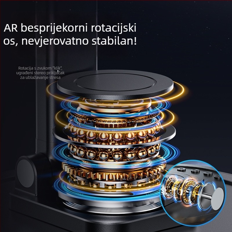 Držač za telefon s Bluetooth zvučnikom i ugrađenom baterijom – 3-u-1, rotirajući, sklopivi, podizni, universalni; IPX7, 500–800 mAh, 5V 5W, 30 Hz–15 kHz, SNR ≥60 dB