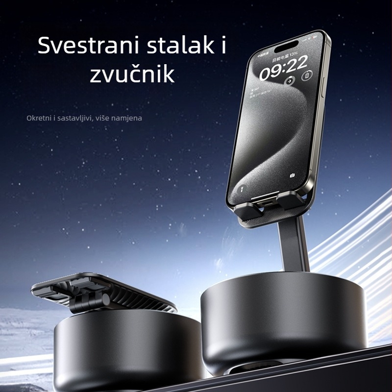 Držač za telefon s Bluetooth zvučnikom i ugrađenom baterijom – 3-u-1, rotirajući, sklopivi, podizni, universalni; IPX7, 500–800 mAh, 5V 5W, 30 Hz–15 kHz, SNR ≥60 dB