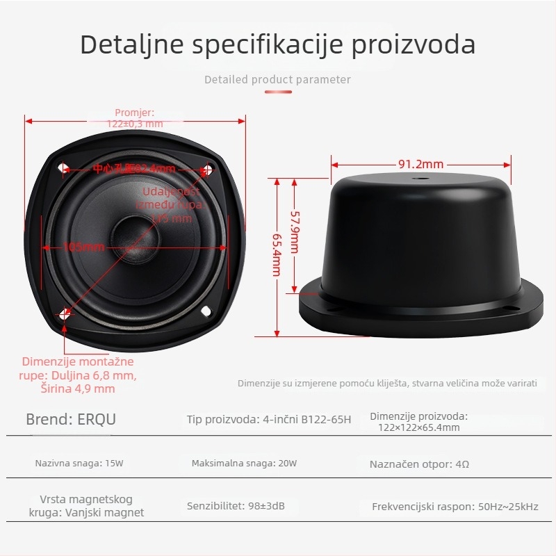 Grah glasnik s punim rasponom za midbass, s vanjskim magnetskim dizajnom, konus od kombiniranog papira, diafragma od nepapirnog materijala, 50 Hz–25 kHz (ERQU)