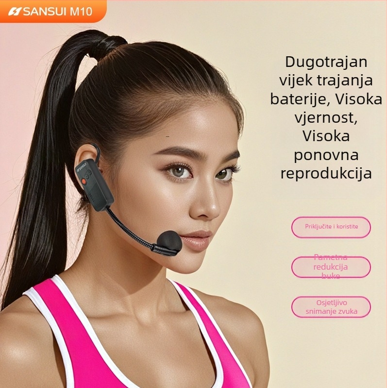 Bežični headset s lavalier mikrofonom i pojačivačem, ugrađena baterija 6000 mAh, raspon frekvencija 100 Hz–20 kHz, SNR ≥70 dB, trajanje rada 3–6 sati