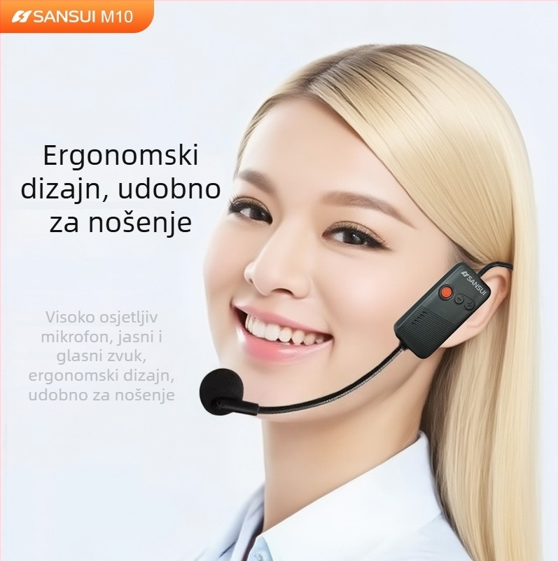 Bežični headset s lavalier mikrofonom i pojačivačem, ugrađena baterija 6000 mAh, raspon frekvencija 100 Hz–20 kHz, SNR ≥70 dB, trajanje rada 3–6 sati