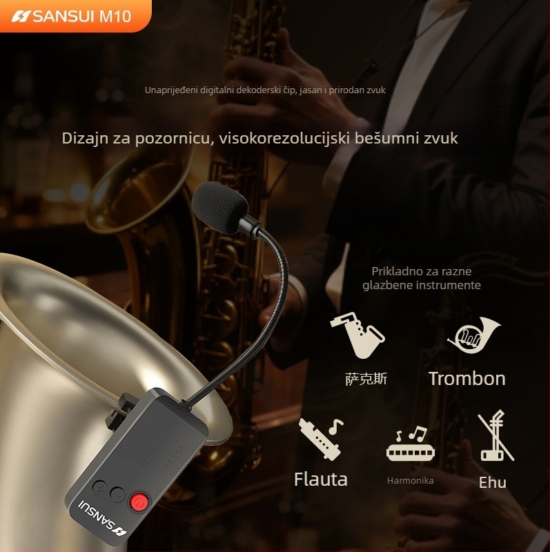 Bežični headset s lavalier mikrofonom i pojačivačem, ugrađena baterija 6000 mAh, raspon frekvencija 100 Hz–20 kHz, SNR ≥70 dB, trajanje rada 3–6 sati
