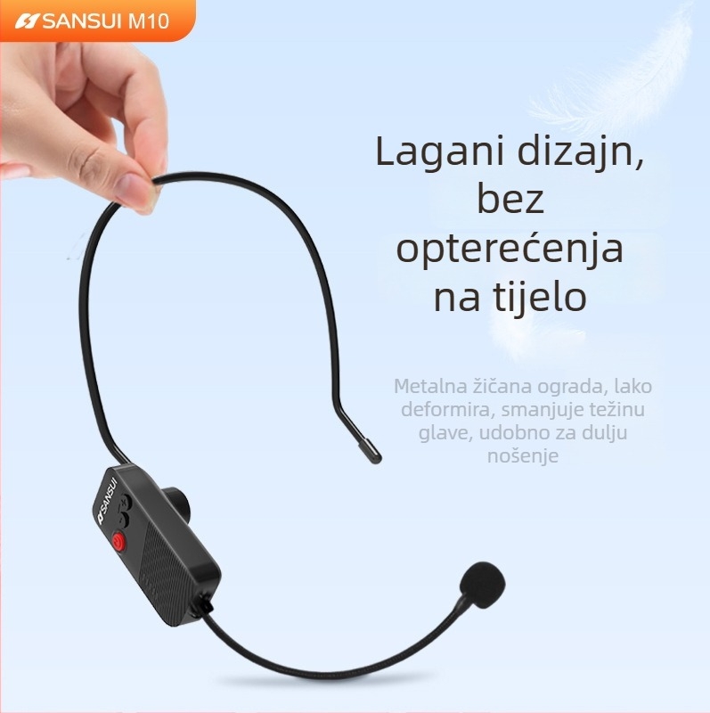 Bežični headset s lavalier mikrofonom i pojačivačem, ugrađena baterija 6000 mAh, raspon frekvencija 100 Hz–20 kHz, SNR ≥70 dB, trajanje rada 3–6 sati