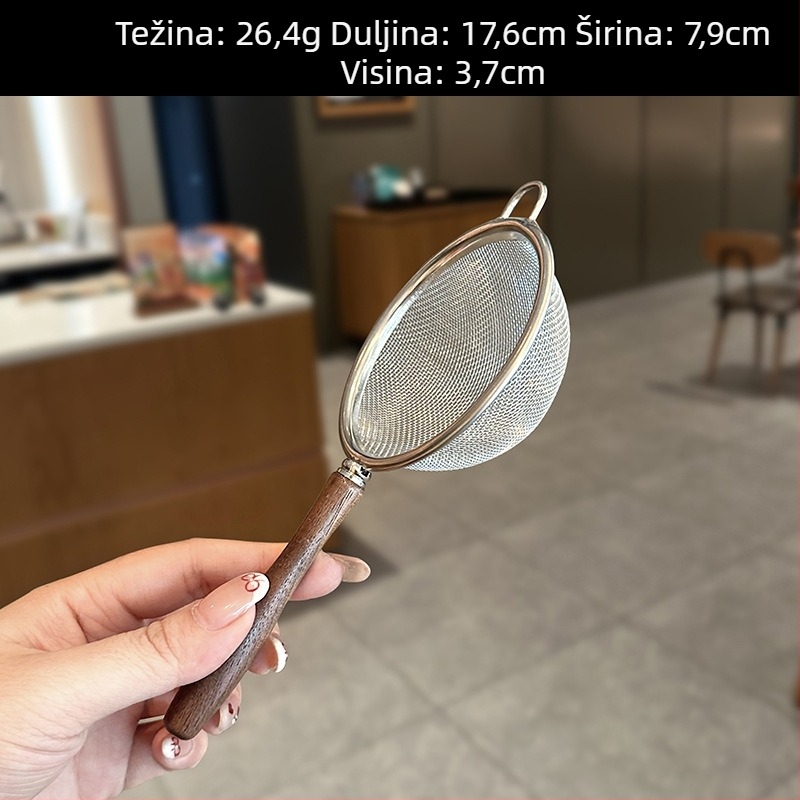 Sito za brašno od nehrđajućeg čelika 304 s drškom od orahovog drveta – fino sito, protuklizni kuhinjski filtr za sojino mlijeko