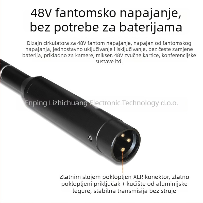Vješeni kondenzatorski mikrofon za studij, nastavu i snimanje | superkardioidni uzorak | raspon frekvencija 20 Hz–20 kHz | SNR ≥70 dB | phantom napajanje 48V | bežična kompatibilnost