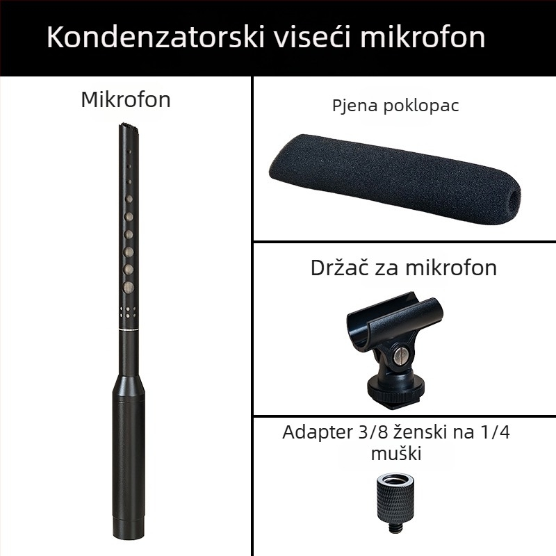 Vješeni kondenzatorski mikrofon za studij, nastavu i snimanje | superkardioidni uzorak | raspon frekvencija 20 Hz–20 kHz | SNR ≥70 dB | phantom napajanje 48V | bežična kompatibilnost