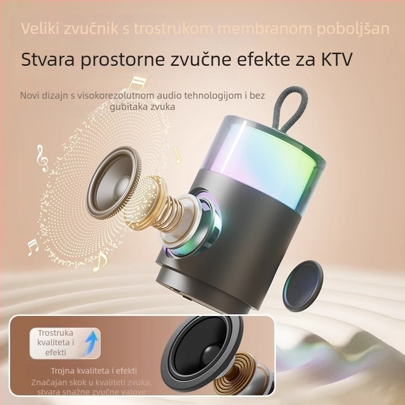 Karaoke mikrofon i Bluetooth zvučnik — IPX7 vodootporan, ugrađena baterija 1000–1200 mAh, 5W, Bluetooth 5.3, frekvencijski raspon 100 Hz–20 kHz