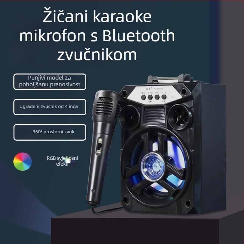Prijenosni Bluetooth Karaoke zvučnik s utorom za karticu i mikrofonom – 5W, Bluetooth 5.0, 60Hz-15kHz, ugrađena baterija 800–1000mAh