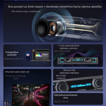 Desktop Bluetooth zvučnik s USB napajanjem, Bluetooth 5.3, raspon frekvencija 100 Hz–20 kHz, SNR ≥85 dB, snaga 6 W