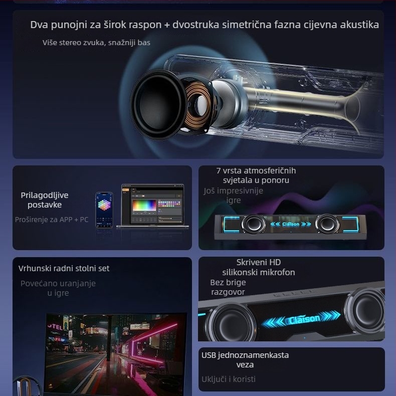 Desktop Bluetooth zvučnik s USB napajanjem, Bluetooth 5.3, raspon frekvencija 100 Hz–20 kHz, SNR ≥85 dB, snaga 6 W
