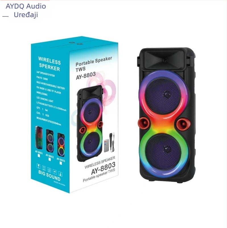 Bluetooth zvučnik s žičanim mikrofonom, dvostruki 8-inčni zvučnici, prenosni vanjski audio uređaj, 30W, Bluetooth 5.0, 40Hz–20kHz, SNR ≥70dB, ugrađena baterija 800–1000mAh