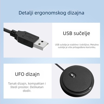 USB kabelski konferencijski mikrofon s 360° snimanjem – bez upravljača, omnidirekcijski, redukcija šuma, frekvencijski odziv 100 Hz–20 kHz, SNR ≥60 dB