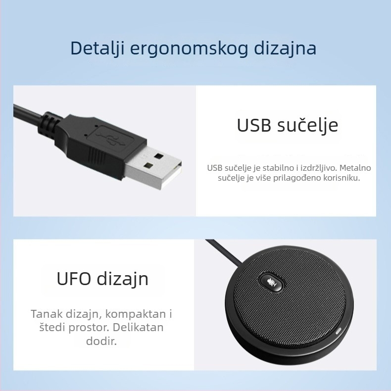 USB kabelski konferencijski mikrofon s 360° snimanjem – bez upravljača, omnidirekcijski, redukcija šuma, frekvencijski odziv 100 Hz–20 kHz, SNR ≥60 dB