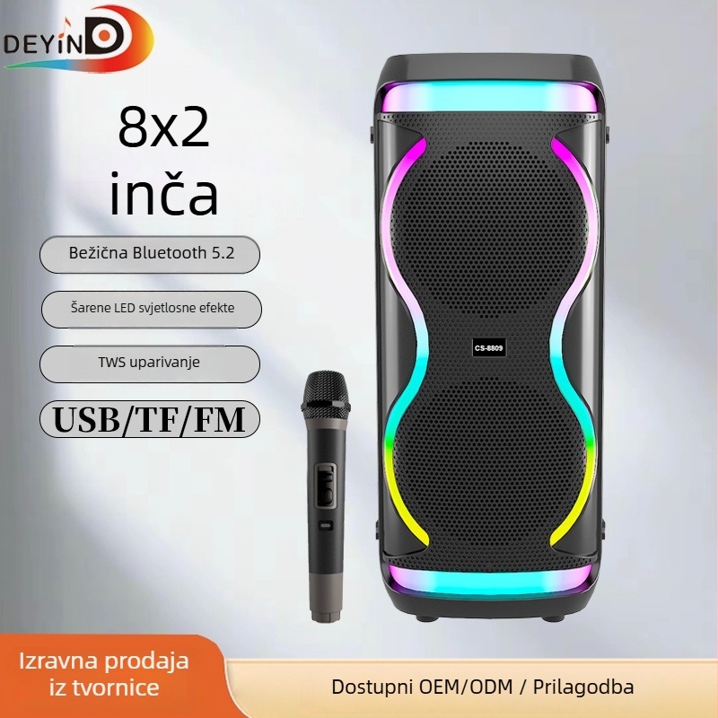 Vanjski Bluetooth zvučnik visoke snage s ugrađenom baterijom, ukupna snaga 24W, Bluetooth 5.2, baterija 2000–4000mAh, frekvencijski raspon 40 Hz–20 kHz, RGB osvjetljenje