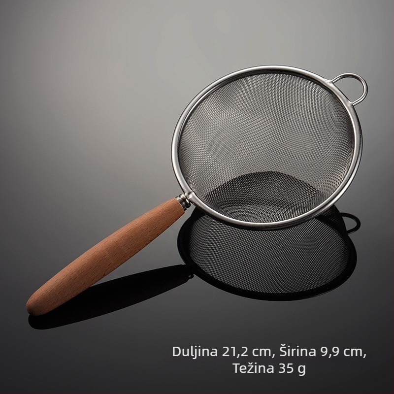 304 nehrđajući čelik mrežasto cjedilo s drvenom drškom – višestruko funkcijsko sito za sokove, sojino mlijeko, pečenje i brašno; protuklizno, zaštita od opeklina, s jednom kukom