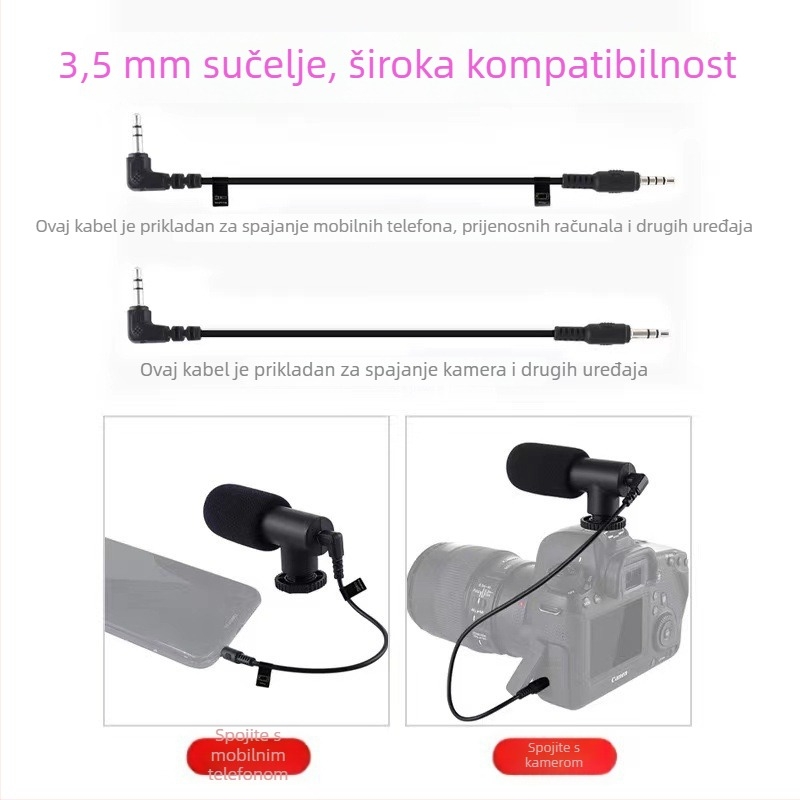 Kamera shotgun mikrofon, dizajn u obliku L, 3,5 mm priključak, za snimanje videa, frekvencijski raspon 100 Hz-20 kHz, SNR ≥70 dB