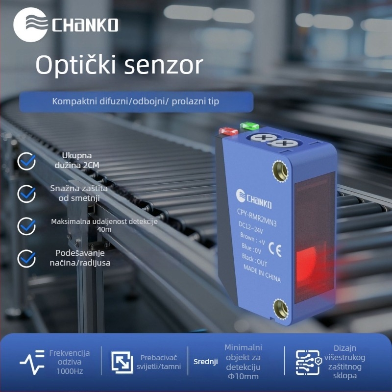 Fotoelektrični senzor kroz zrak (through-beam), domet 20 m, odziv 1 ms, izlaz NPN, napajanje 24 V