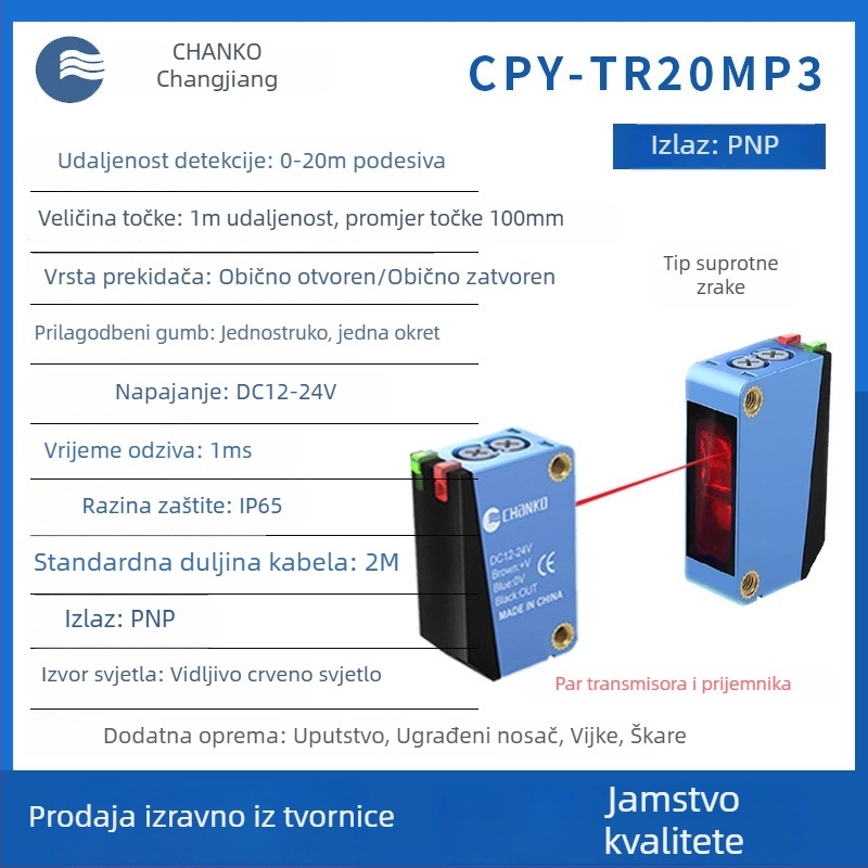 Fotoelektrični senzor kroz zrak (through-beam), domet 20 m, odziv 1 ms, izlaz NPN, napajanje 24 V