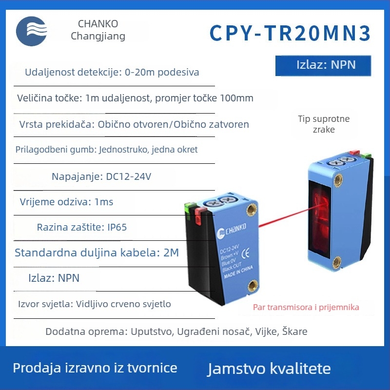 Fotoelektrični senzor kroz zrak (through-beam), domet 20 m, odziv 1 ms, izlaz NPN, napajanje 24 V