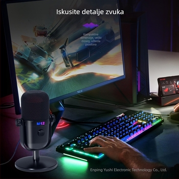 M12 USB kondenzatorski mikrofon s disk bazom, RGB gradijentno osvjetljenje, uklanjanje šuma za snimanje i live streaming, 30 Hz–15 kHz, SNR ≥70 dB