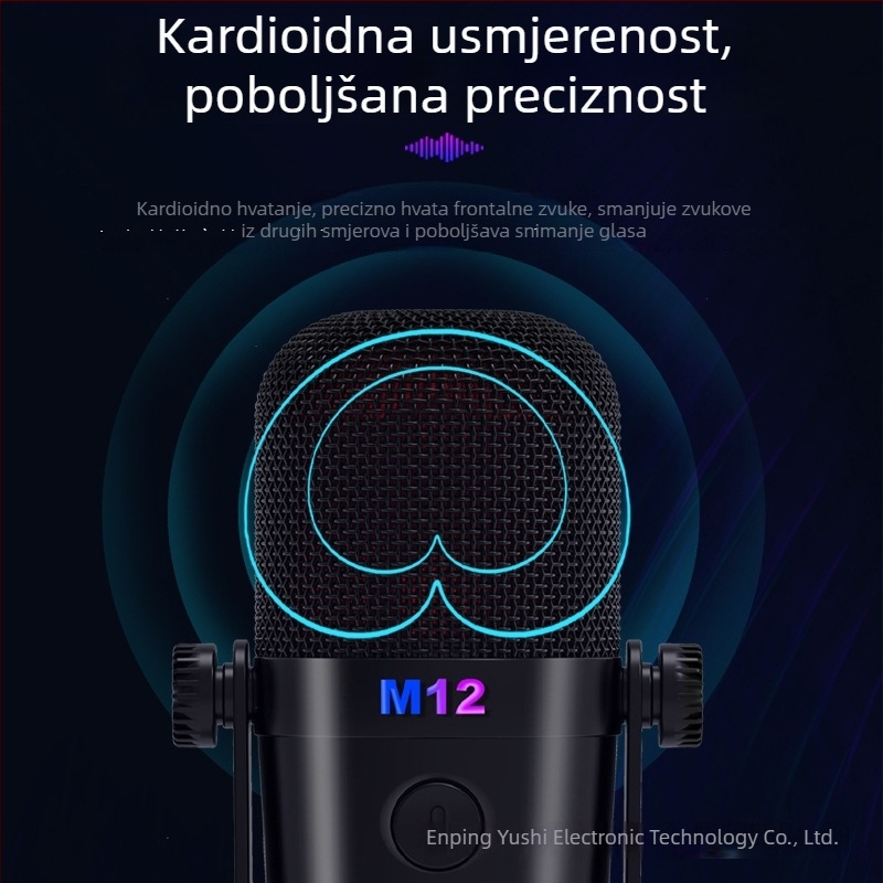 M12 USB kondenzatorski mikrofon s disk bazom, RGB gradijentno osvjetljenje, uklanjanje šuma za snimanje i live streaming, 30 Hz–15 kHz, SNR ≥70 dB
