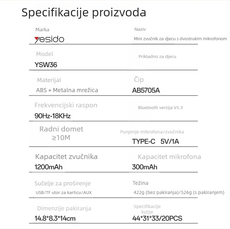 Yesido bežični Bluetooth zvučnik, prenosni dječji karaoke s mikrofonom i subwooferom, sve-u-jednom pojačalo
