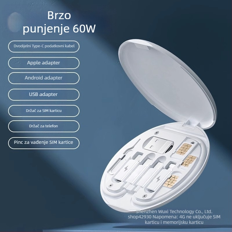 rc-190 Univerzalna kutija za pohranu kablova za podatke – 60W brzo punjenje, komplet kablova s više sučelja: Lightning, USB-C, Micro USB, USB