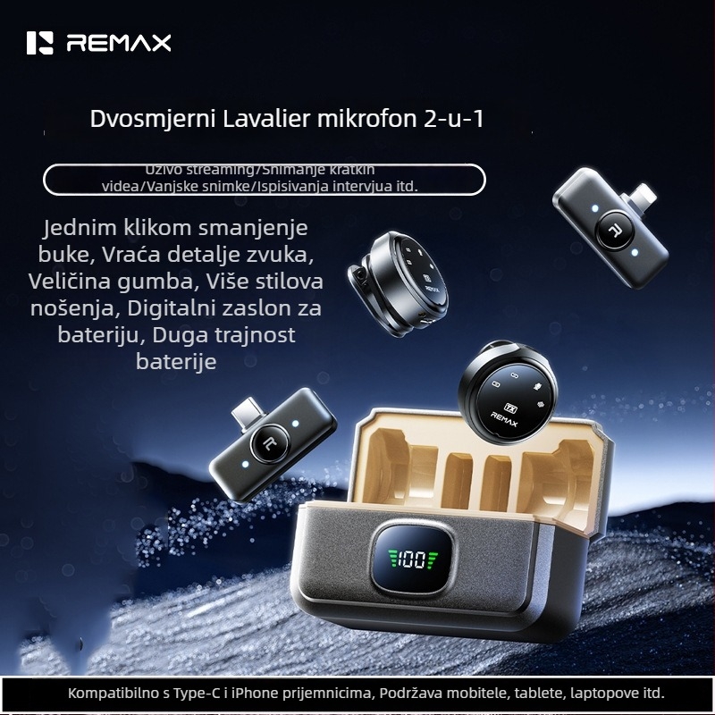 REMAX klip mikrofon s redukcijom šuma, 2-kanalni, omnidirekcijski, raspon frekvencija 20Hz-20kHz, ugrađena baterija