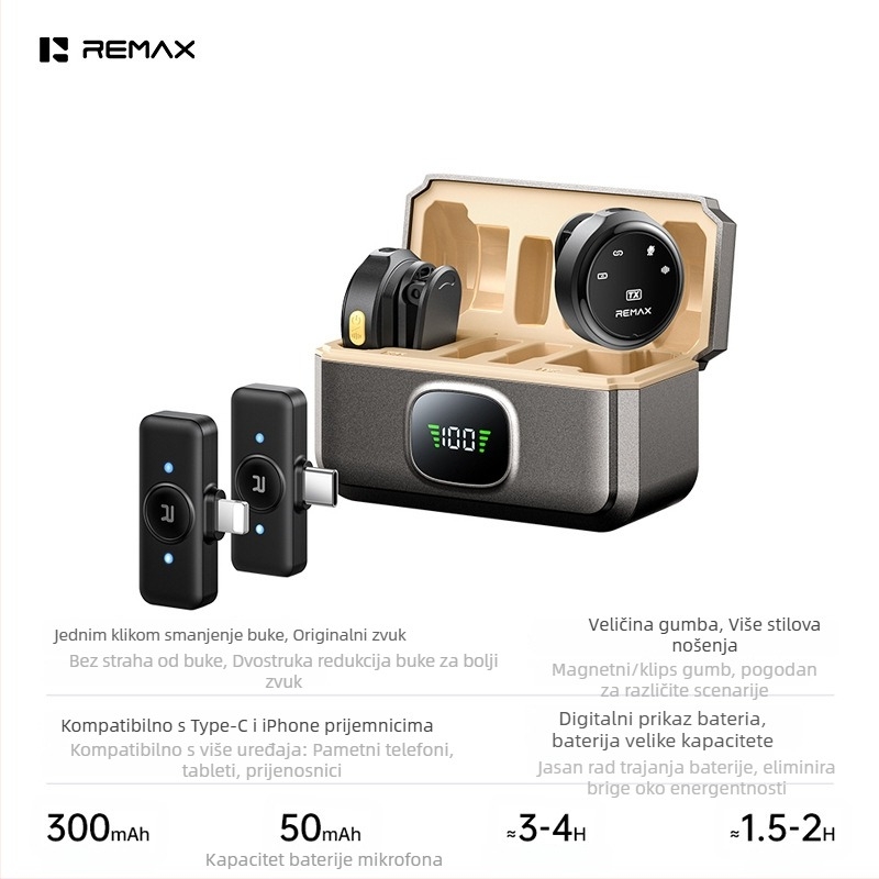REMAX klip mikrofon s redukcijom šuma, 2-kanalni, omnidirekcijski, raspon frekvencija 20Hz-20kHz, ugrađena baterija