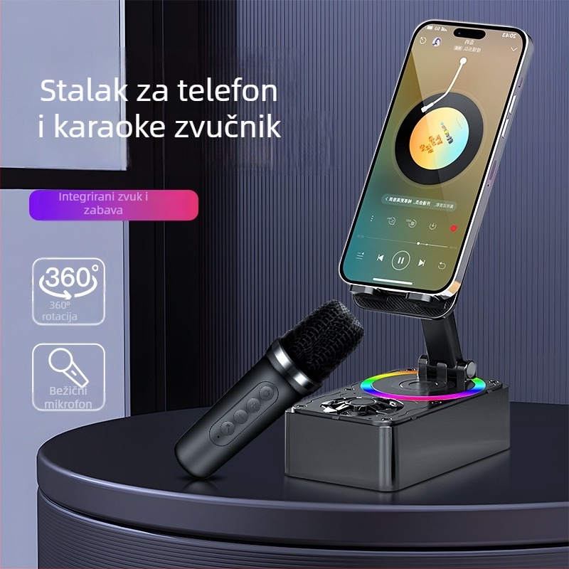 Bluetooth zvučnik sa držačem za telefon i karaoke mikrofonom, ugrađena baterija 100–300 mAh, 5W, USB napajanje, Bluetooth 5.3, raspon frekvencija 60 Hz–15 kHz