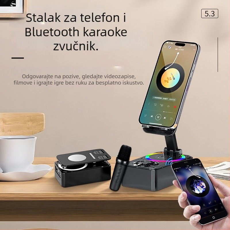 Bluetooth zvučnik sa držačem za telefon i karaoke mikrofonom, ugrađena baterija 100–300 mAh, 5W, USB napajanje, Bluetooth 5.3, raspon frekvencija 60 Hz–15 kHz