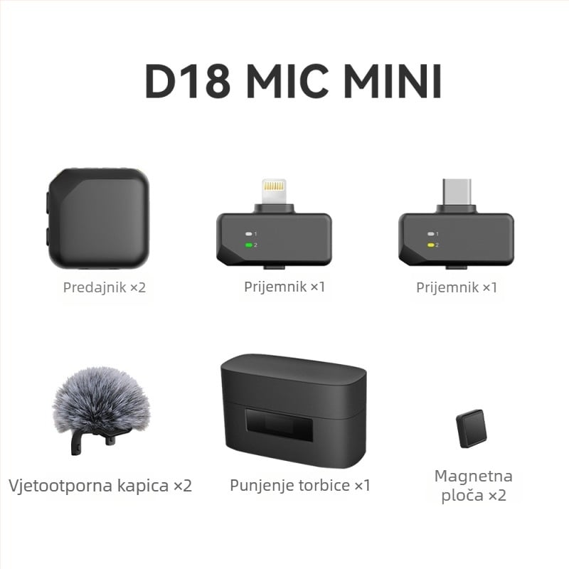 D18 Lavalier mikrofon s AI smanjenjem šuma za live streaming - magnetski klip, žični, dvokanalni, 100 Hz–20 kHz, SNR ≥75 dB, 300–500 mAh, 3–6 h, kompatibilan Apple i Android