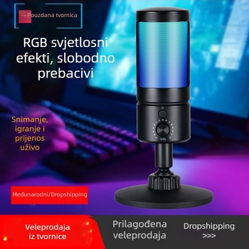 USB kondenzatorski mikrofon za stolni računalnik s RGB ambijentalnim osvjetljenjem, frekvencijski odziv 100 Hz–20 kHz, SNR ≥70 dB