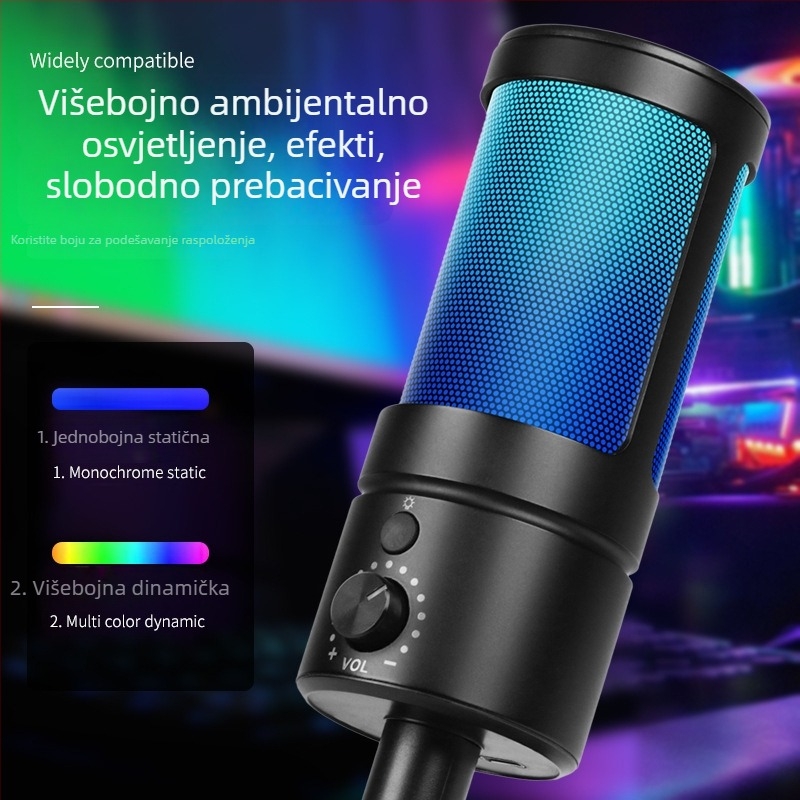 USB kondenzatorski mikrofon za stolni računalnik s RGB ambijentalnim osvjetljenjem, frekvencijski odziv 100 Hz–20 kHz, SNR ≥70 dB