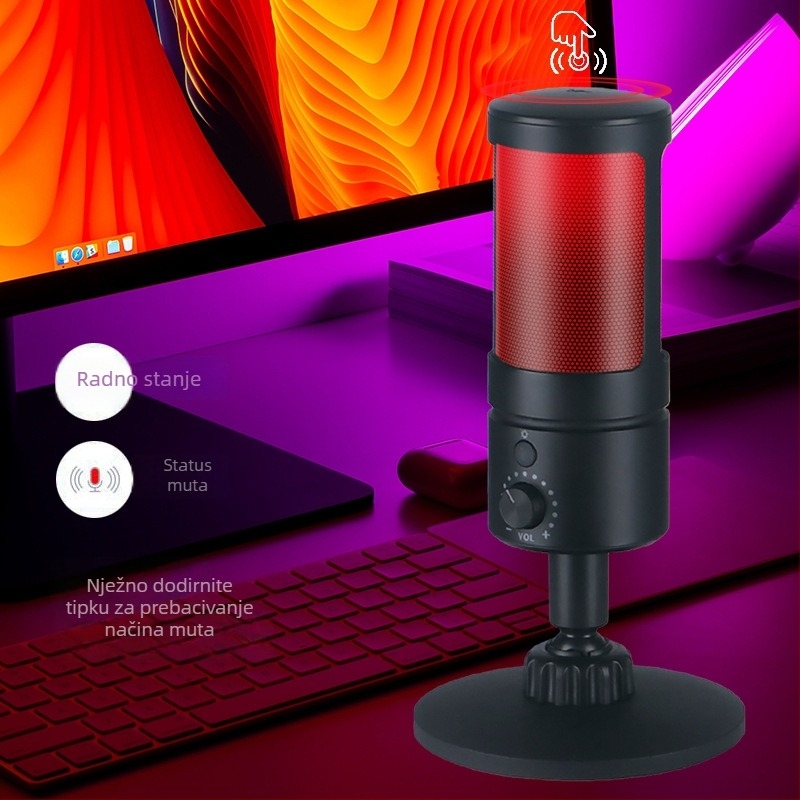 USB kondenzatorski mikrofon za stolni računalnik s RGB ambijentalnim osvjetljenjem, frekvencijski odziv 100 Hz–20 kHz, SNR ≥70 dB