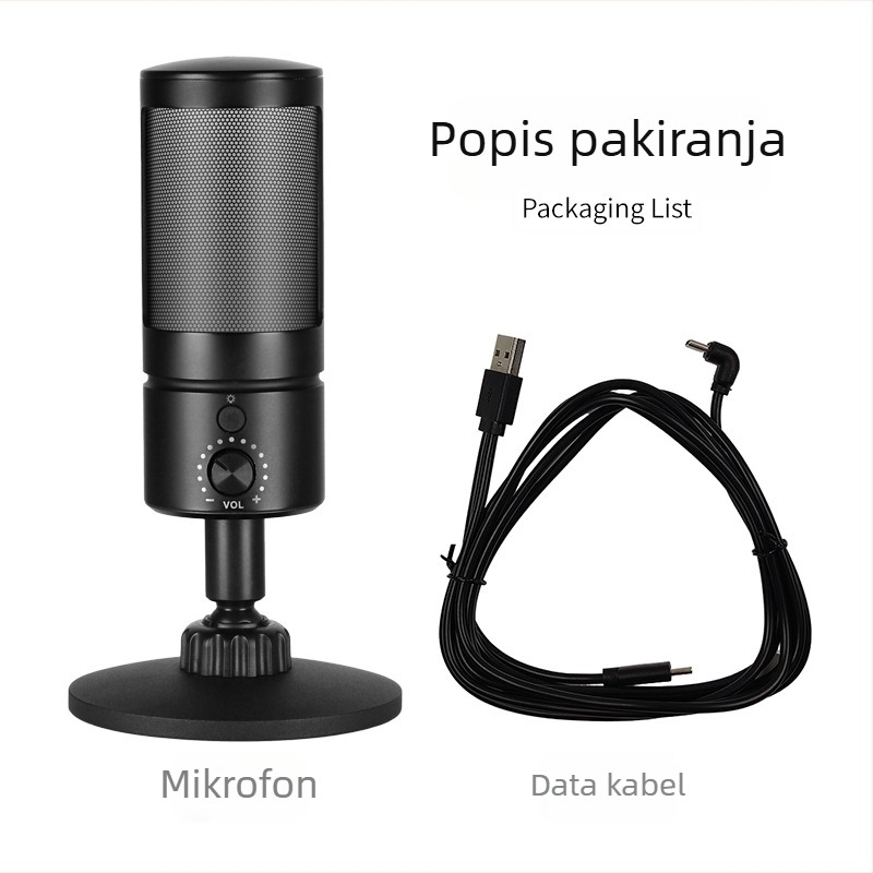 USB kondenzatorski mikrofon za stolni računalnik s RGB ambijentalnim osvjetljenjem, frekvencijski odziv 100 Hz–20 kHz, SNR ≥70 dB