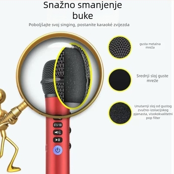 Integrirani Bluetooth karaoke mikrofon sa zvučnikom – 20W izlaz, ugrađena baterija 2000–4000mAh, frekvencijski odziv 100Hz–20kHz, SNR ≥60dB, Bluetooth 4.0