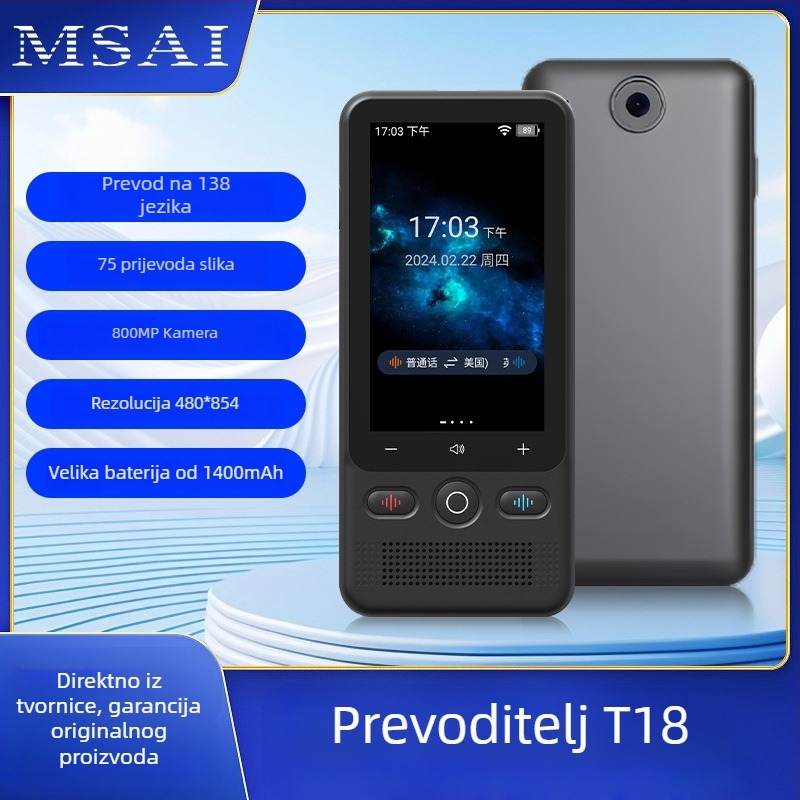 Prijenosni inteligentni glasovni prevoditelj s Android OS-om, Bluetooth, domet do 10 m, baterija 1500 mAh, zaslon na dodir i fizički gumbi, Model T18