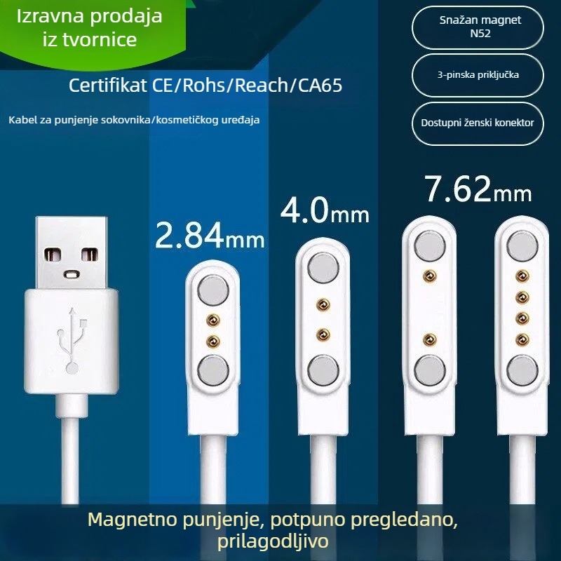 Nothing magnetski kabel za punjenje s 2 pinova za sokovnik i pametni sat – duljina 60 cm, snažan magnet N52, razmak pinova 7,62 mm