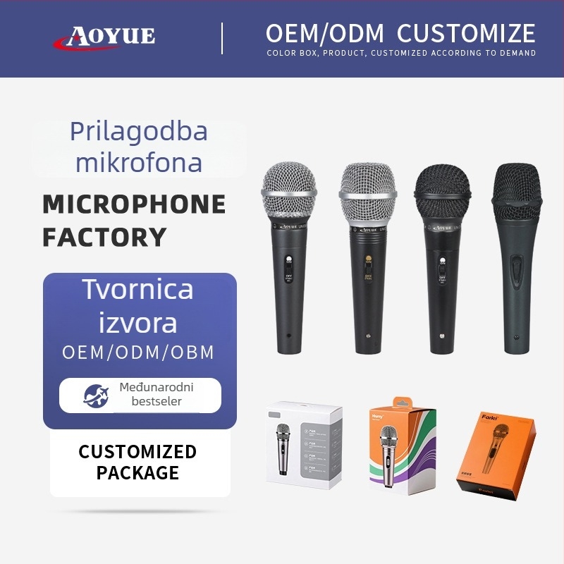 Dinamički žični mikrofon s metalnim kućištem za pozornicu i KTV vokal; pokretna zavojnica; raspon frekvencija 50 Hz–15 kHz; SNR ≥60 dB; kardioidni polaritet