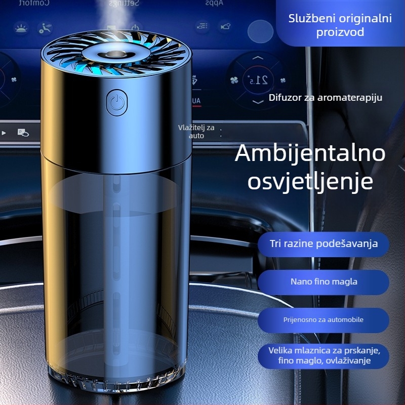S10 automobilski ovlaživač zraka i pročišćivač s difuzorom mirisa — spremnik vode 0,5–1 L, USB/napajanje automobila, više od 3 mlaznica za maglu, buka ispod 36 dB, snaga 5 W