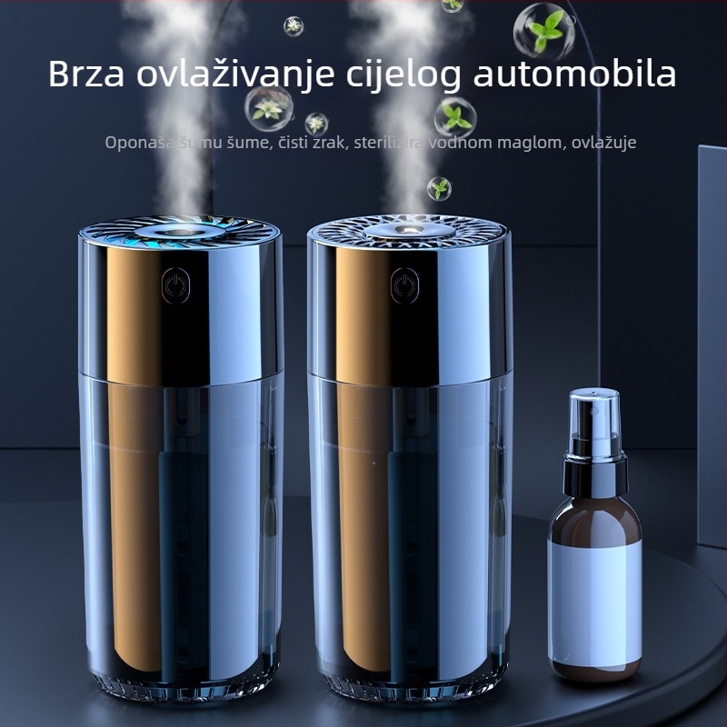 S10 automobilski ovlaživač zraka i pročišćivač s difuzorom mirisa — spremnik vode 0,5–1 L, USB/napajanje automobila, više od 3 mlaznica za maglu, buka ispod 36 dB, snaga 5 W